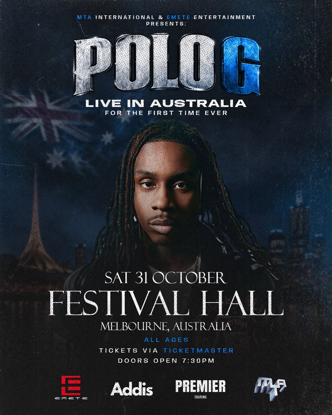 Polo G live at Festival Hall, Melbourne, 31 October 2026, doors 7:30 pm. Presented by Emete Entertainment.