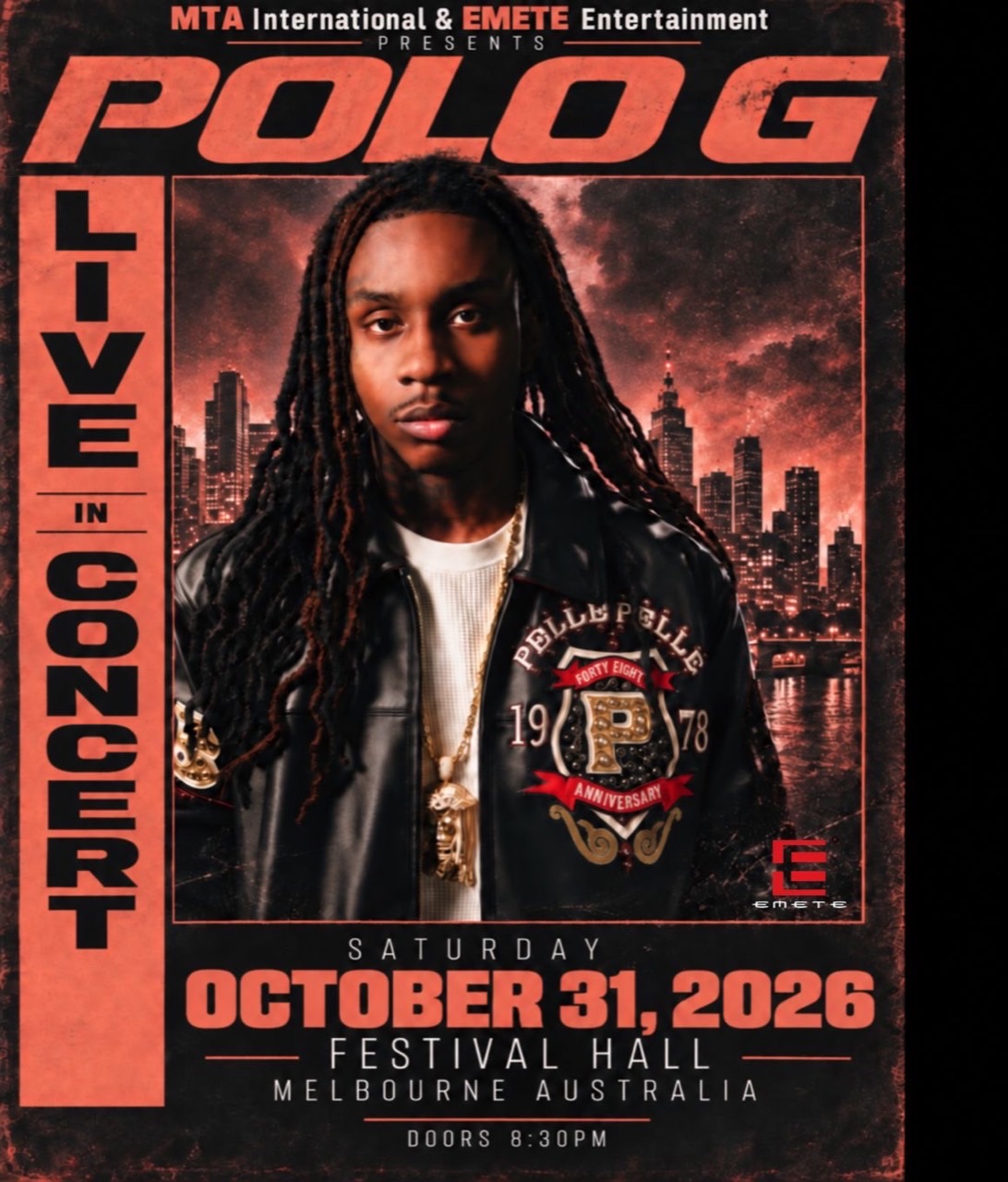 Promoter-supplied Polo G concert poster: Festival Hall, Melbourne, Saturday 31 October 2026, doors 8:30 pm, presented by MTA International and Emete Entertainment