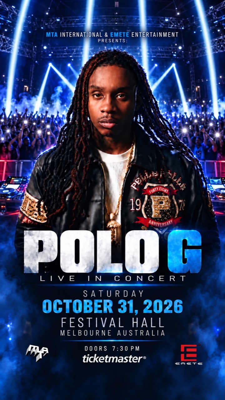 Polo G live at Festival Hall, Melbourne, 31 October 2026, doors 7:30 pm. Presented by MTA International and Emete Entertainment.